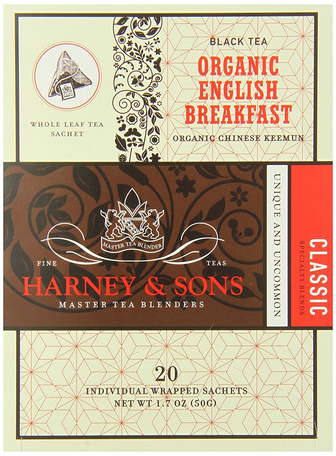 Harney & Sons Organic English Breakfast, 20 Wrapped Sachets, 20 Count Pack of 6, 100% Pure Black Tea