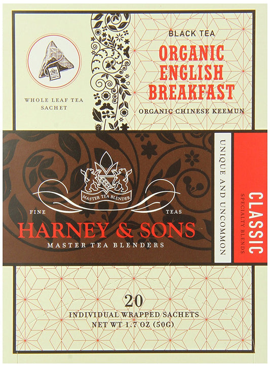 Harney & Sons Organic English Breakfast, 20 Wrapped Sachets, 20 Count Pack of 6, 100% Pure Black Tea