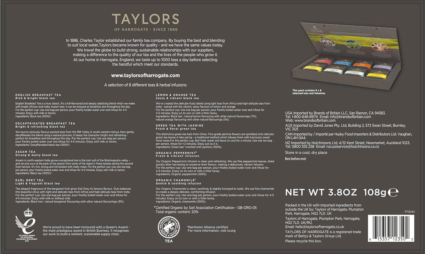 Taylors of Harrogate Assorted Specialty Teas Sampler, Variety Pack Gift Box, Individually Wrapped Bags, 48 Count (Pack of 1), Premium Black, Green & Herbal Teas, Mixed Caffeinated & Caffeine-Free Selection, 48 Teabags