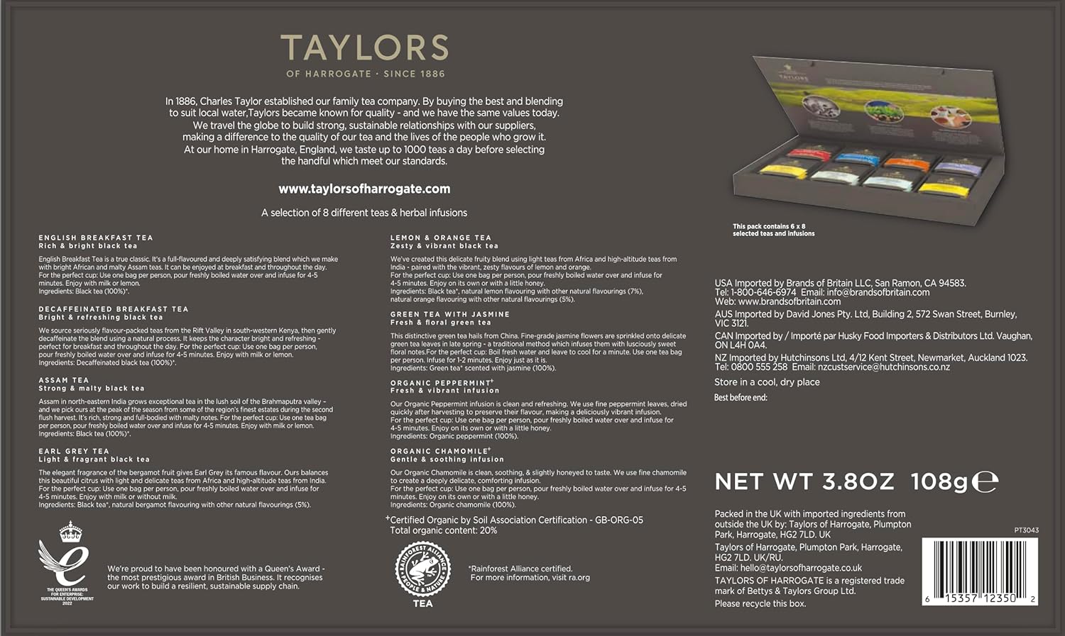 Taylors of Harrogate Assorted Specialty Teas Sampler, Variety Pack Gift Box, Individually Wrapped Bags, 48 Count (Pack of 1), Premium Black, Green & Herbal Teas, Mixed Caffeinated & Caffeine-Free Selection, 48 Teabags