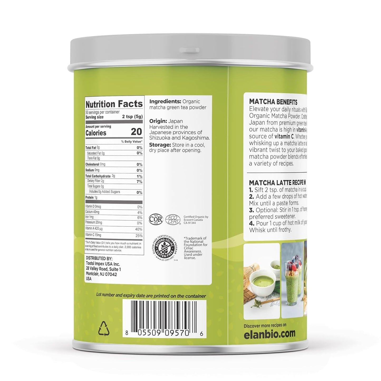 Elan Organic Matcha Tea Powder, Non-GMO, Vegan, Gluten-Free , 8.8 oz