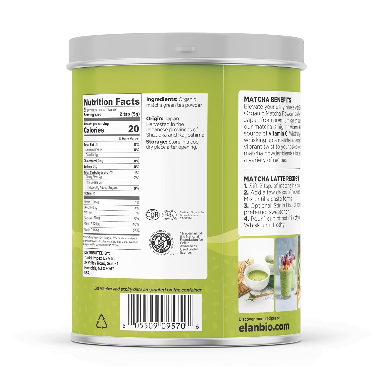 Elan Organic Matcha Tea Powder, Non-GMO, Vegan, Gluten-Free , 8.8 oz