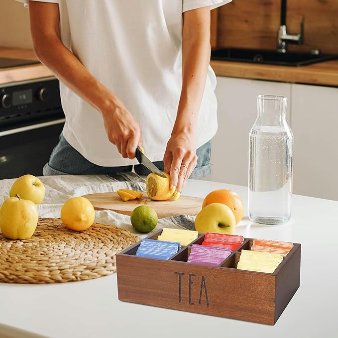 Tea Bag Organizer,Acacia Wood Tea Storage Containers with 6 Compartments, Sugar Packet Holder,Tea Bag Caddy Box for Cabinet Countertop Office (Brown- Labeled "TEA")