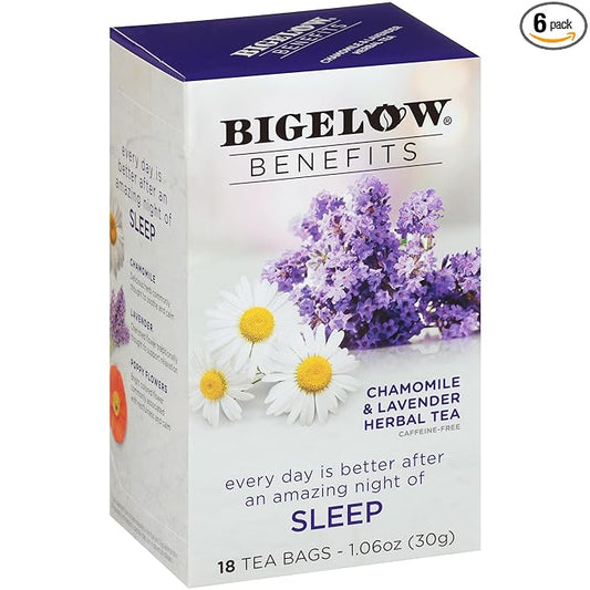 Bigelow Benefits Sleep Chamomile Lavender Herbal Tea, Caffeine Free, 18 Count (Pack of 6), 108 Total Tea Bags