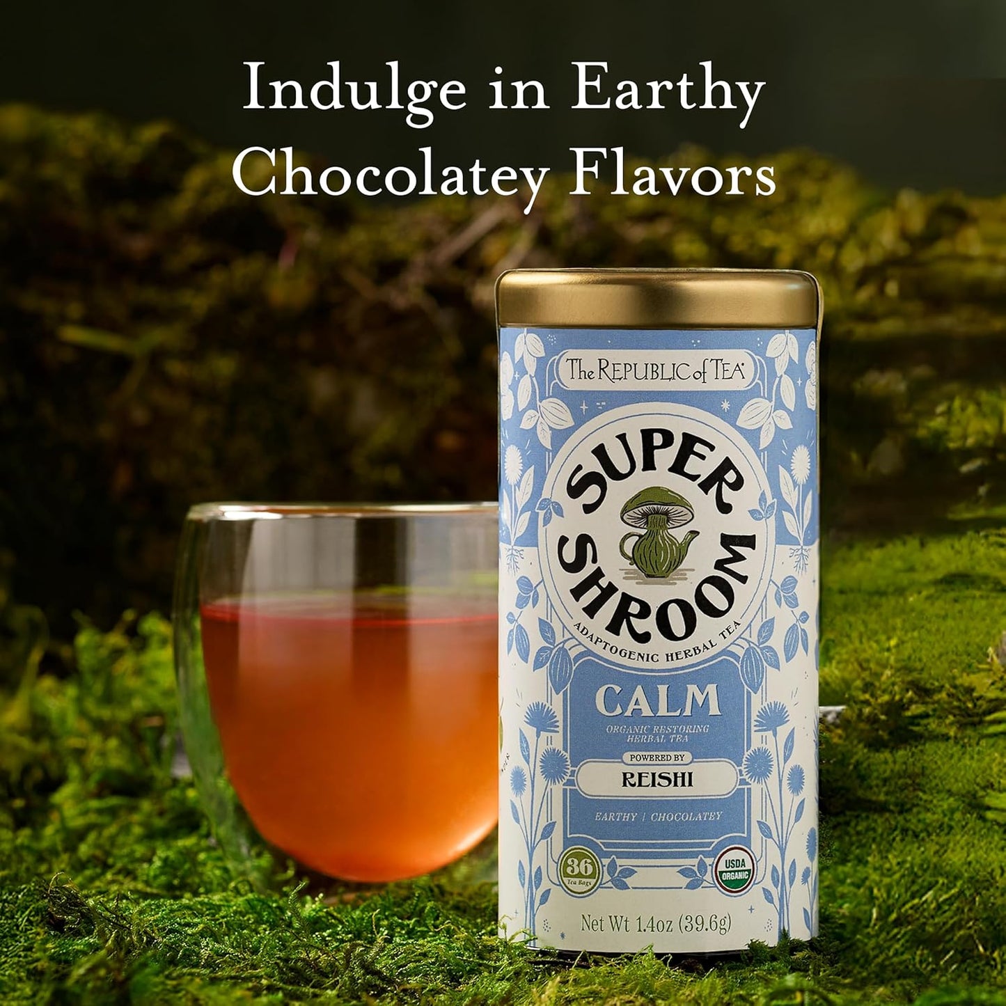 The Republic of Tea SuperShroom Calm Reishi Herbal Tea, Organic Rooibos, Cocoa and Dandelion Root Blend, Low Caffeine, Unbleached Tea Bags in Reusable Tin, 36 Count