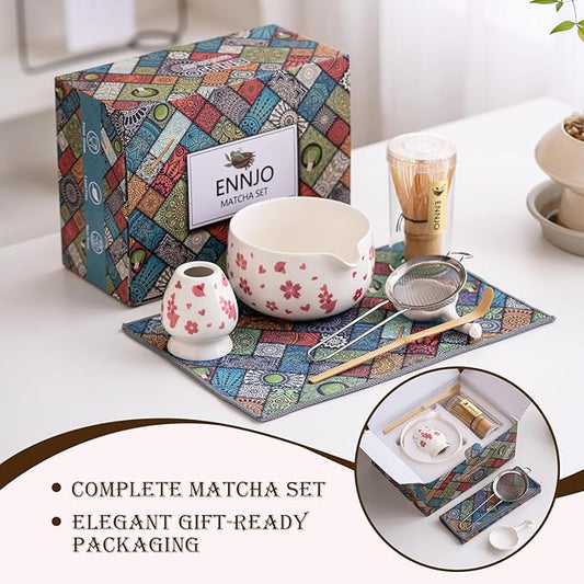 7 Pcs Matcha Kit: Ceramic Matcha Bowl with Spout, Bamboo Whisk And Scoop, Stainless Steel Sifter, Holder, Rest And Tea Towel. Elegant Matcha Whisk Set for Beginners And Gifting