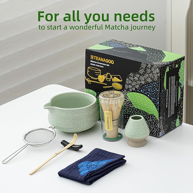 Teanagoo Matcha Whisk Set Green,7 Pcs Matcha Set,Matcha Starter Kit for Ceremony,Matcha Tea Set for Making Breakfast/Latte