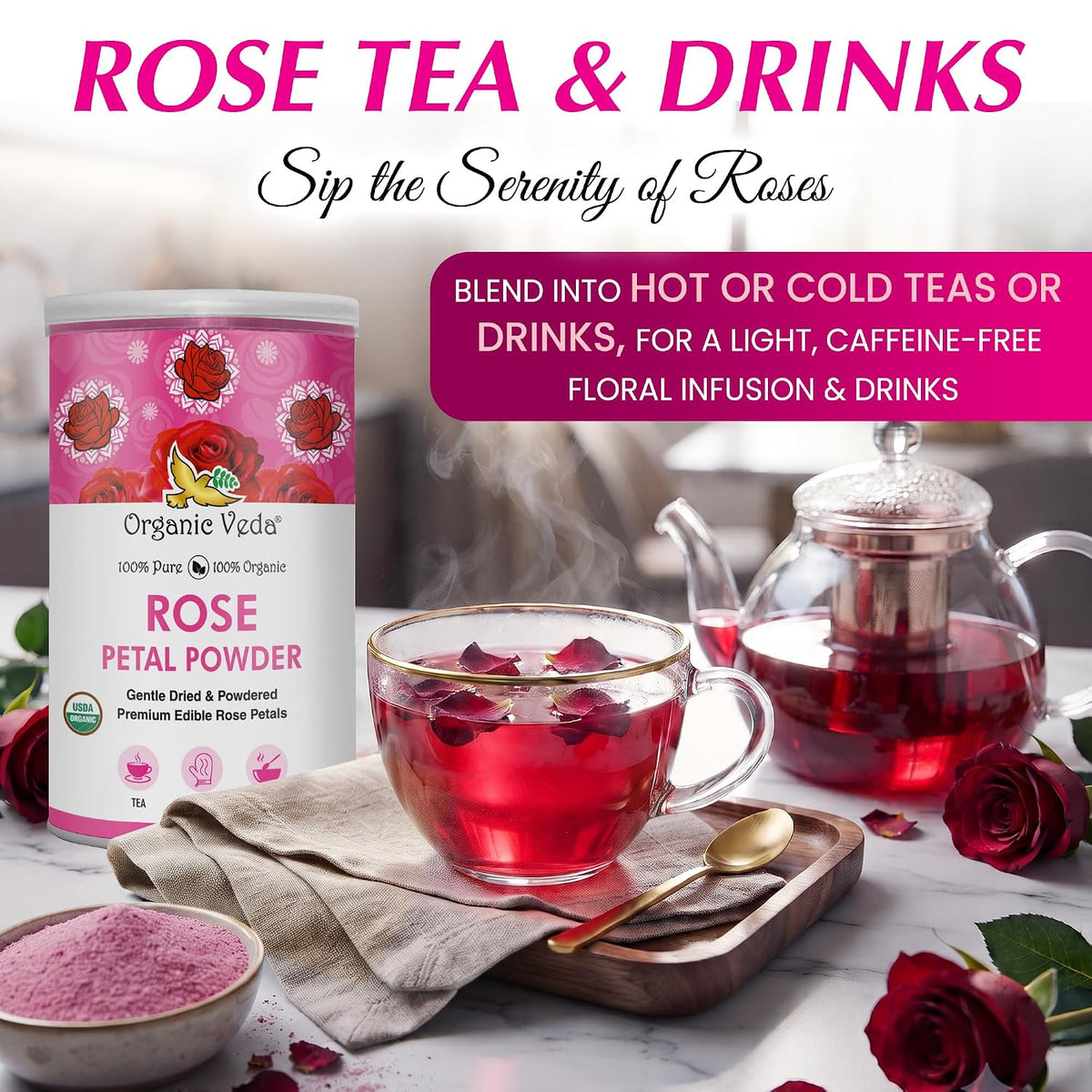 Organic Veda Rose Petals Powder - USDA Organic Edible Dried Rose Petals for Tea, Baking, Drink Mix, DIY Beauty Skin Care, Hair &amp; Face Mask - 100% Pure Rose Powder for Culinary &amp; Aromatherapy, 7 oz