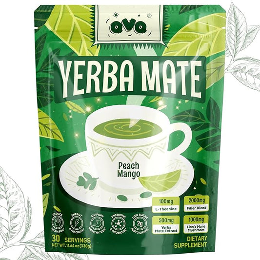 Yerba Mate Instant Tea Powder, 4-in-1 Peach Mango Flavor Super Drink with Prebiotics and Probiotics Lion’s Mane L-Theanine for Natural Energy & Gut Health, Reduce Brain Fog Low Sugar 30 Servings