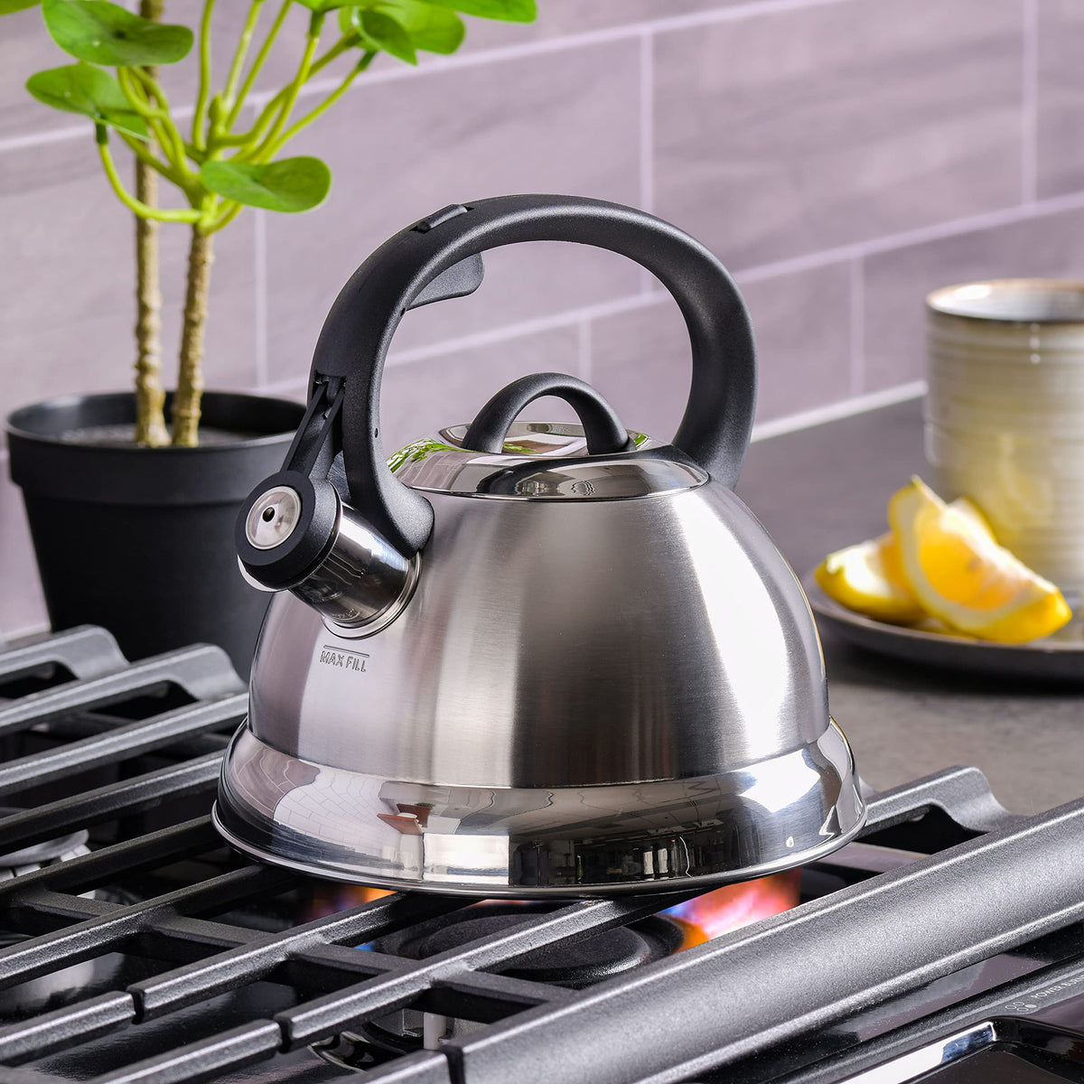 Mr. Coffee Flintshire 1.75-Quart Stainless Steel Whistling Tea Kettle – Brushed Satin Finish Stove-Top Kettle for Boiling