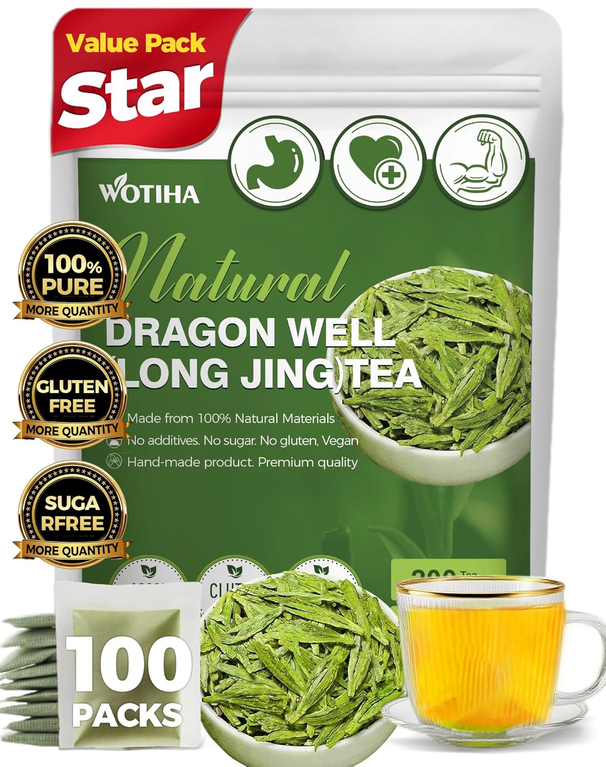 WOTIHA Dragonwell Longjing Green Tea Bags (100 Count) - Premium Spring Harvest Chinese Green Tea - Toasty Nutty Flavor, Rich in Antioxidants - Non-GMO, Caffeine-Free - 8.8oz (250g) Value Pack