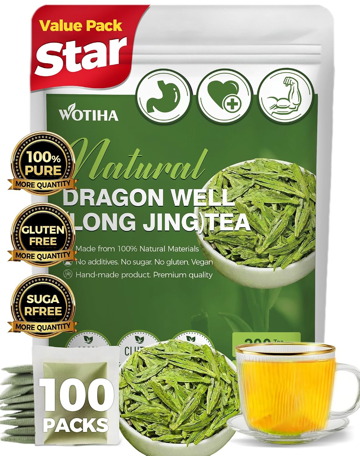 WOTIHA Dragonwell Longjing Green Tea Bags (100 Count) - Premium Spring Harvest Chinese Green Tea - Toasty Nutty Flavor, Rich in Antioxidants - Non-GMO, Caffeine-Free - 8.8oz (250g) Value Pack