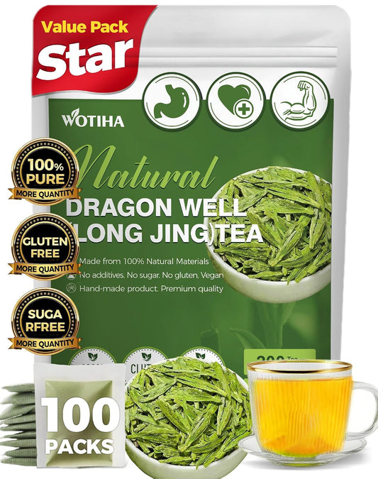 WOTIHA Dragonwell Longjing Green Tea Bags (100 Count) - Premium Spring Harvest Chinese Green Tea - Toasty Nutty Flavor, Rich in Antioxidants - Non-GMO, Caffeine-Free - 8.8oz (250g) Value Pack