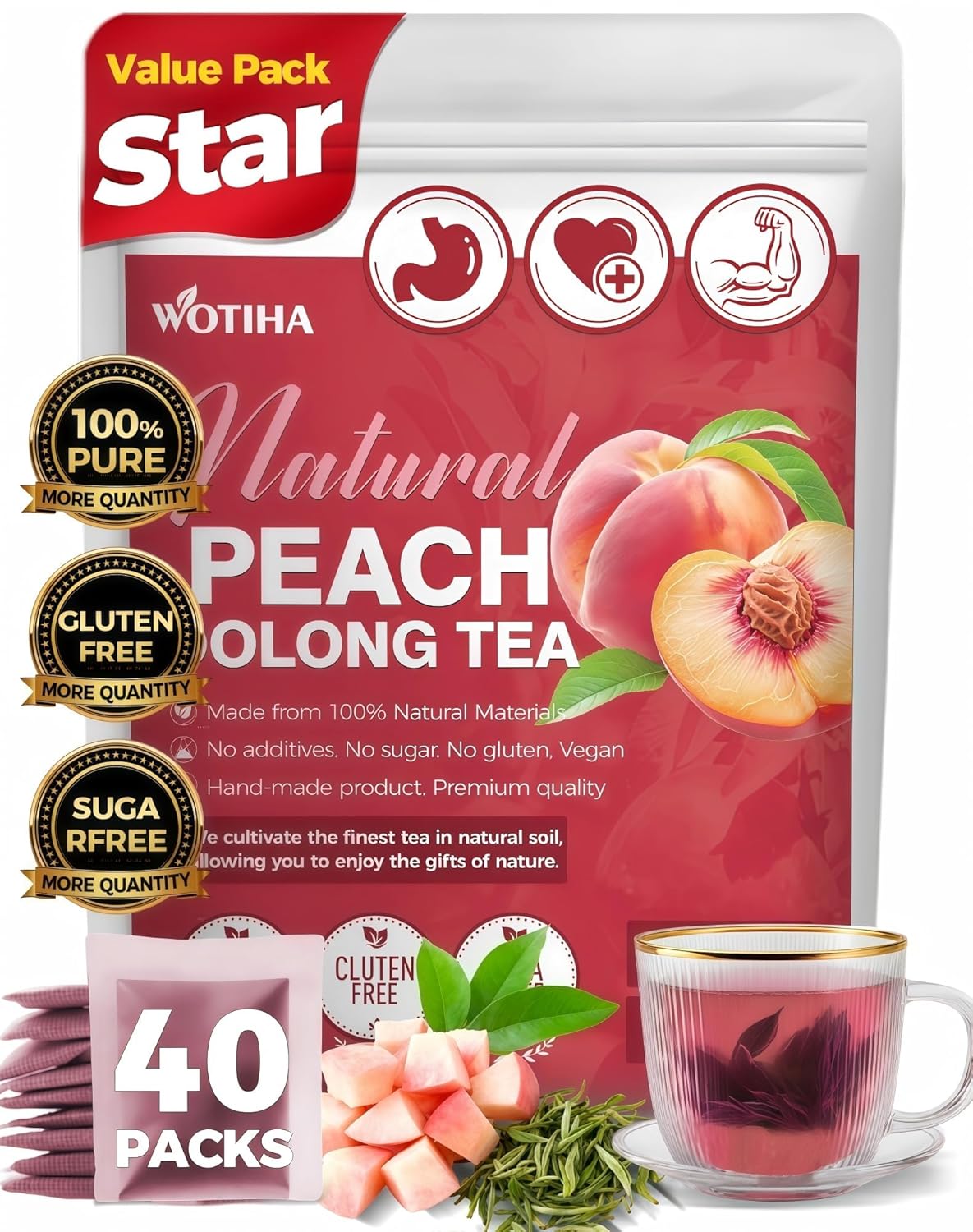 WOTIHA 40 Count Premium White Peach Oolong Tea Bags - 100% Natural, Fresh Sweet Peach Flavor, Aromatic Oolong Taste, Caffeinated, Additive-Free, Sugar-Free, Vegan