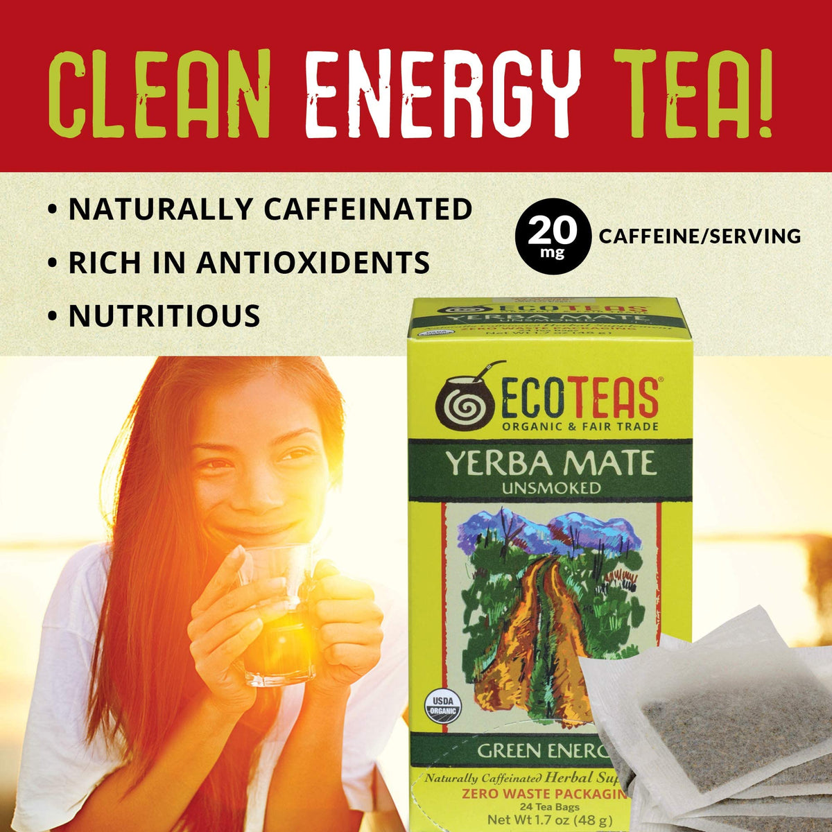 ECOTEAS Organic Yerba Mate Tea Bags Unsmoked 20mg Caffeine 24 Count 2 Pack