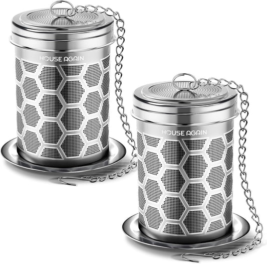 House Again 2 Pack Tea Strainers for Loose Tea, Extra Fine Mesh Tea Infuser, 304 Stainless Steel with Chain Hook, Loose Leaf Tea Steeper for Brew Tea Spices &amp; Seasonings, Geometric Design
