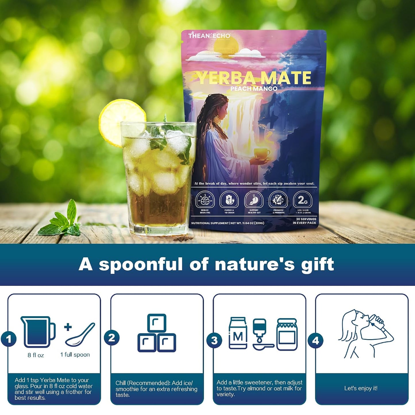 THEANECHO Yerba Mate Tea Powder, Peach Mango, Low Sugar, 30 Servings | Yerba mate tea powder with 2g sugar, lion's mane, L-theanine, prebiotic and probiotic blend