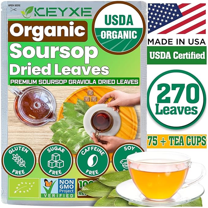 Keyxe Soursop Dried Leaves Tea USDA Organic Certified & Non GMO Verified, Caffeine Free, No Gluten, Vegan, 270-300 Whole Dried Soursop Leaves