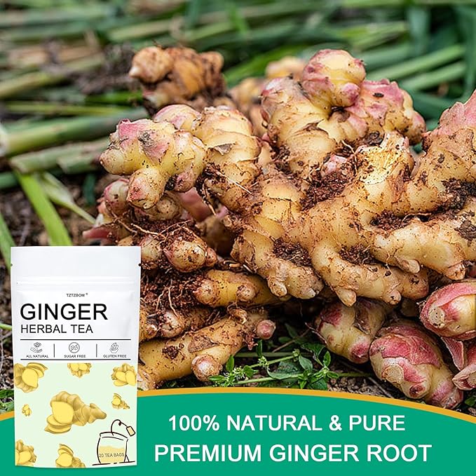 Tztzbom Ginger Tea Bags - 100% Pure Ginger Root & Lemon Peel & Liquorice Root - Soothing & Spicy Blend Natural Herbal Tea (20 Tea Bags)