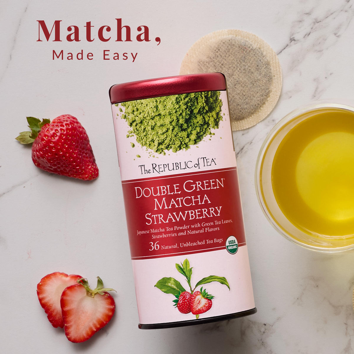The Republic of Tea Organic Double Green Matcha Strawberry Green Tea, 36 Ct