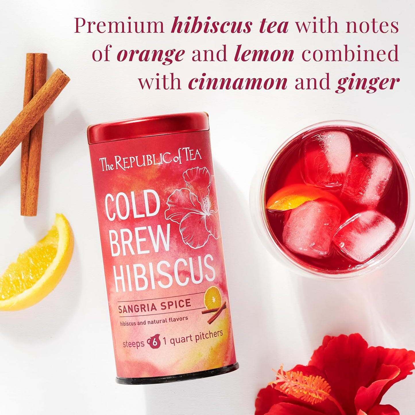 The Republic of Tea Cold Brew Hibiscus Sangria Spice Herbal Iced Tea, 6 Ct | Caffeine Free, Cold Brew Hibiscus with Citrus, Cinnamon and Ginger Spice, No Boiling Water Needed
