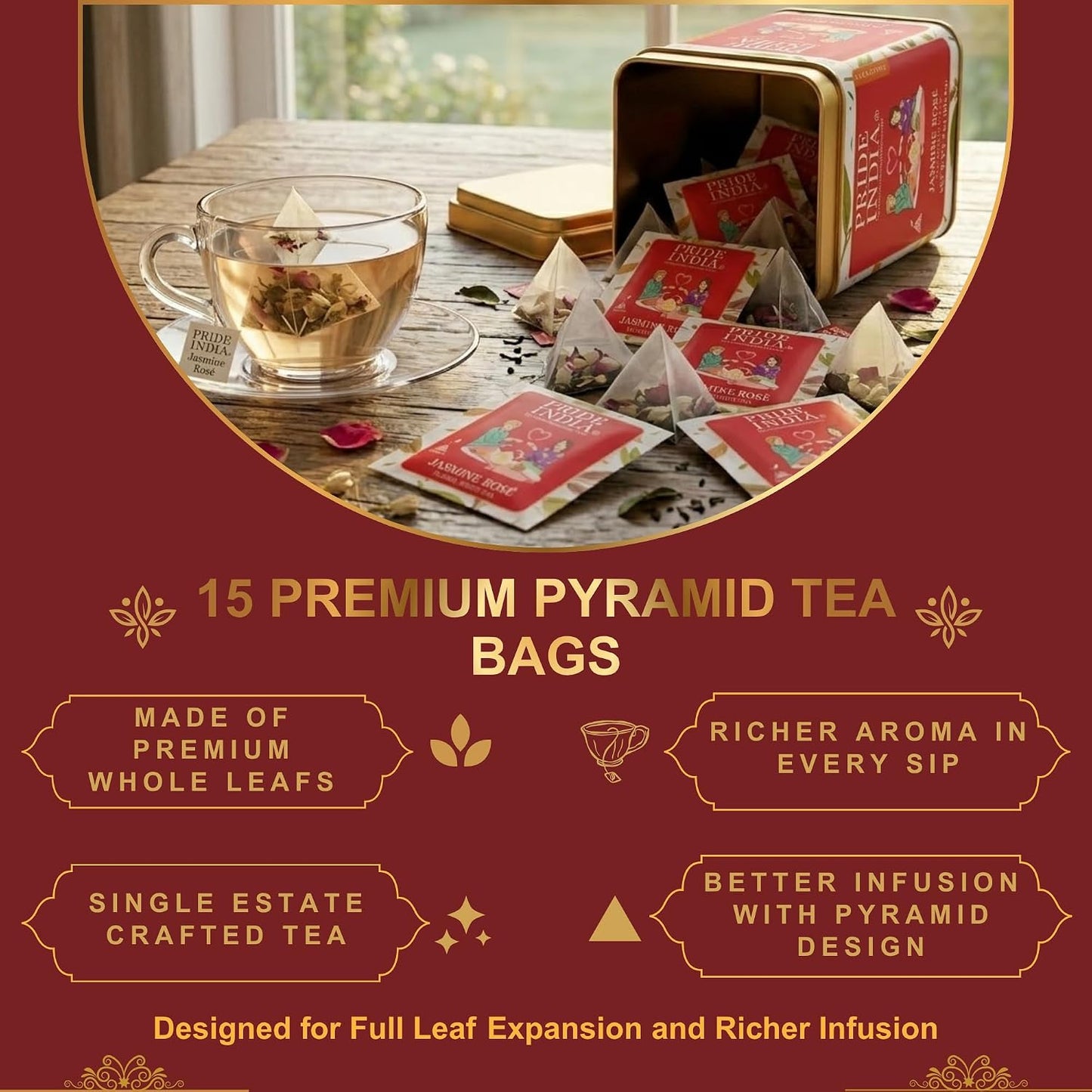 Pride of India Jasmine Rose Floral White Tea – 90 Pyramid Tea Bags (6 PACK) | Individually Wrapped Full Leaf White Tea with Rose &amp; Jasmine | Sweet Flavor Low Caffeine Tea for Smooth Calming Experience