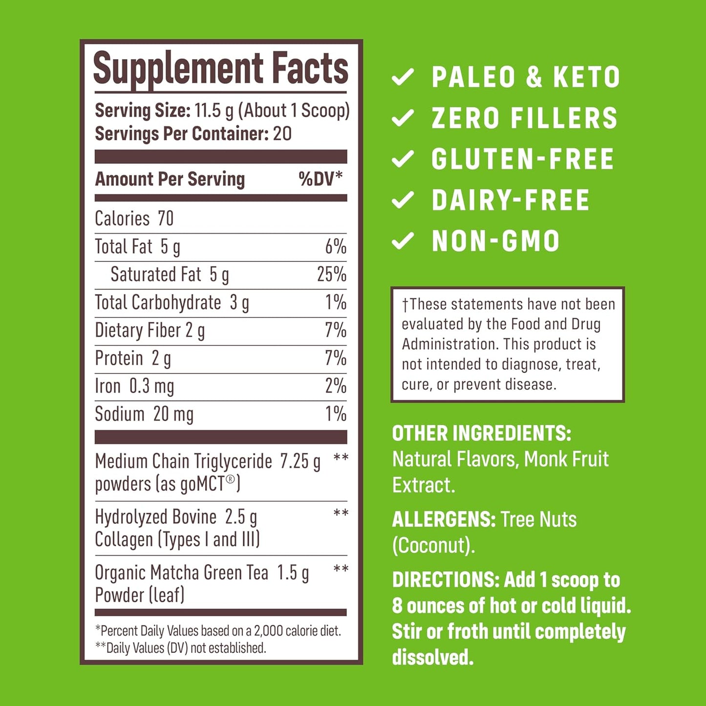 NativePath Matcha Latte Collagen Peptides with MCT Oil - Grass-Fed Collagen & Organic Matcha for Energy & Focus - Keto, No Gluten or Dairy (8.1 oz)