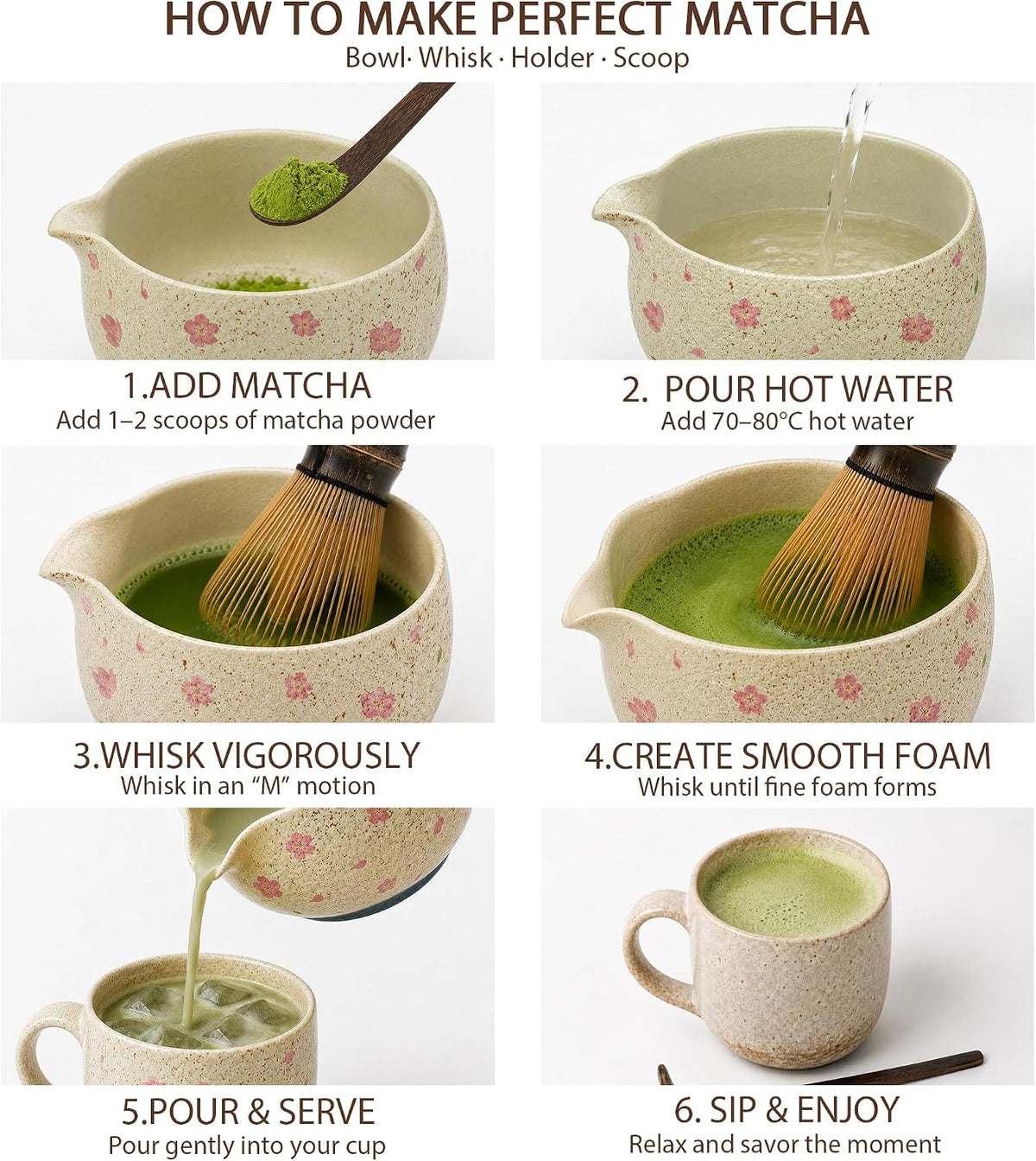 Matcha Set, 7-Piece Matcha Whisk Set with Bowl &amp; 100-Prong Whisk