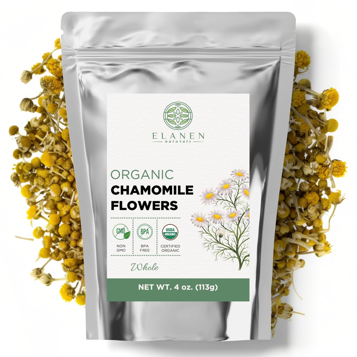 Elanen Naturals Organic Chamomile Flowers 4 oz. (113g), USDA Certified Organic Camomile Manzanilla Tea Loose Leaf, German