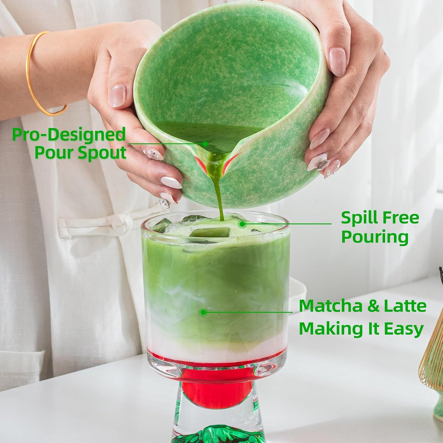 TEANAGOO Matcha Whisk Set,7 Pcs Matcha Set Green,Ceremony Matcha Kit,Matcha Tea Set for Making Latte,Ceramic Bowl(chawan) whith Spout and Whisk,Gift for Matcha Lovers