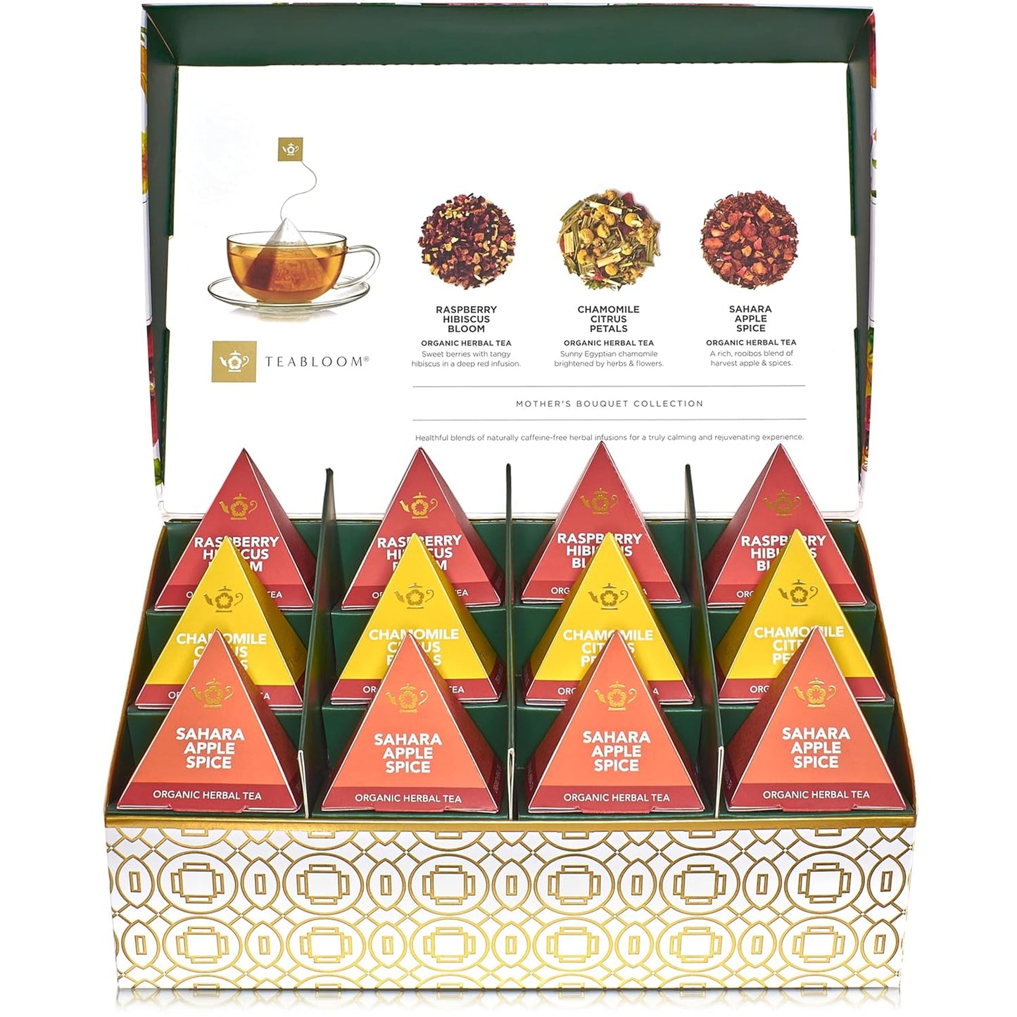 Teabloom Mother’s Bouquet Gourmet Tea Gift – Herbal Assortment with 12 Organic Plant-Based Pyramid Sachets, Caffeine-Free & Kosher, Elegant Presentation Box for Tea Lovers