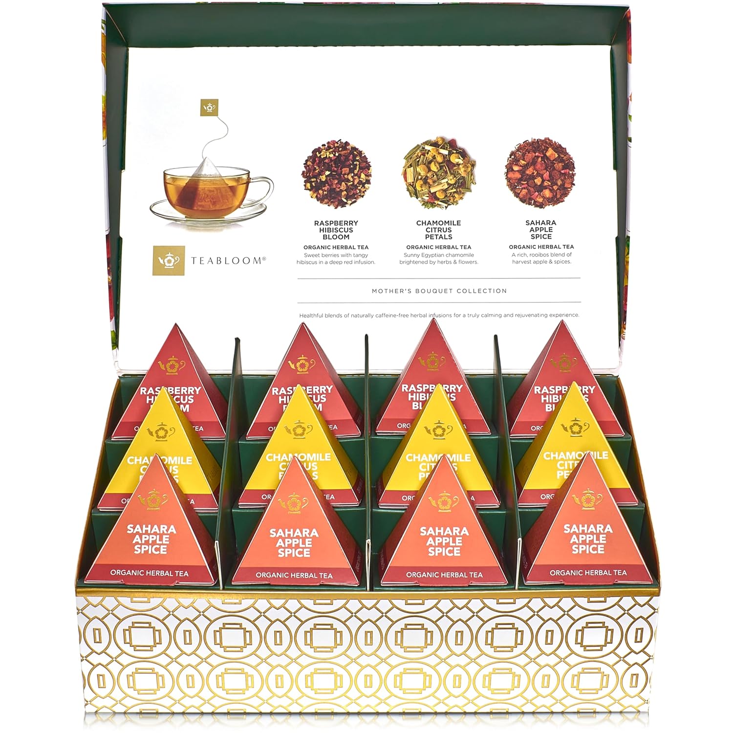 Teabloom Mother’s Bouquet Gourmet Tea Gift – Herbal Assortment with 12 Organic Plant-Based Pyramid Sachets, Caffeine-Free & Kosher, Elegant Presentation Box for Tea Lovers