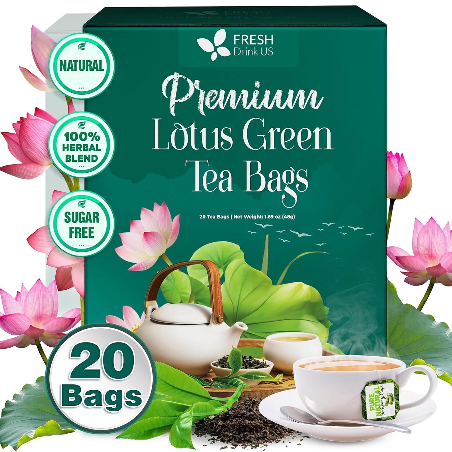 FreshDrinkUS, Premium 20 Tea Bags of Lotus Green Tea, 100% Natural. Exquisite Flavor, Handpicked Leaves, Perfect for Tea Lovers. No Sugar, No Gluten