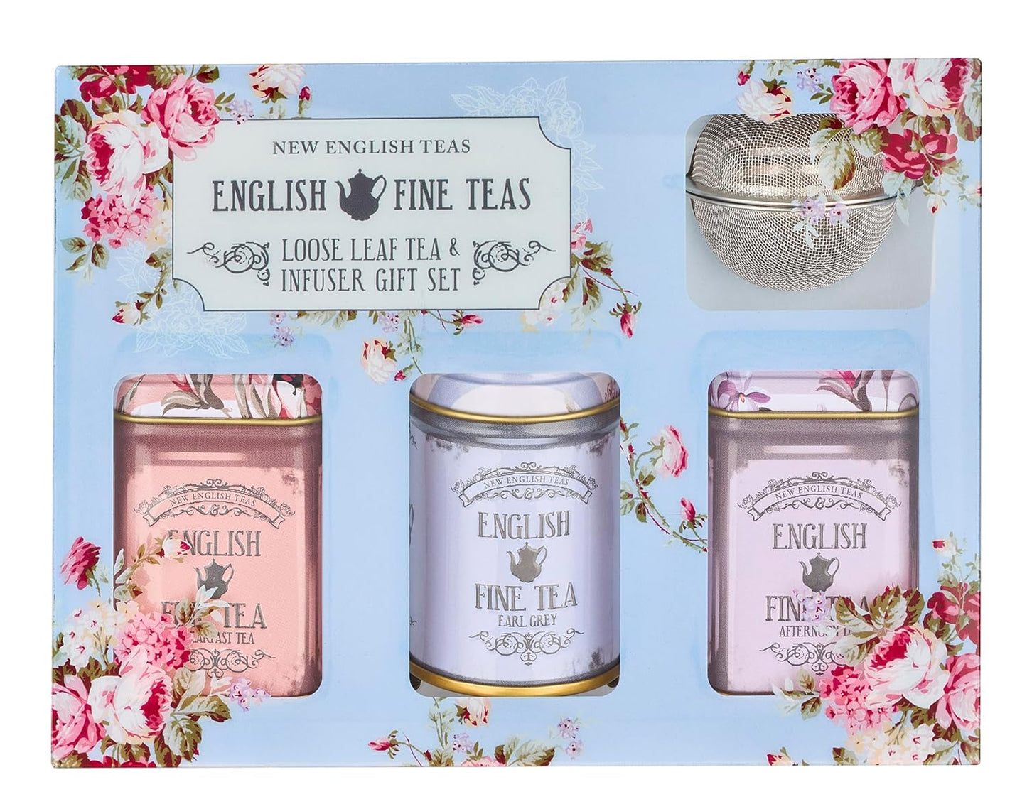 New English Teas Loose Leaf Tea & Infuser Gift Set – 3 Vintage Floral Tins with Breakfast, Earl Grey & Afternoon Blends with Loose Tea Infuser