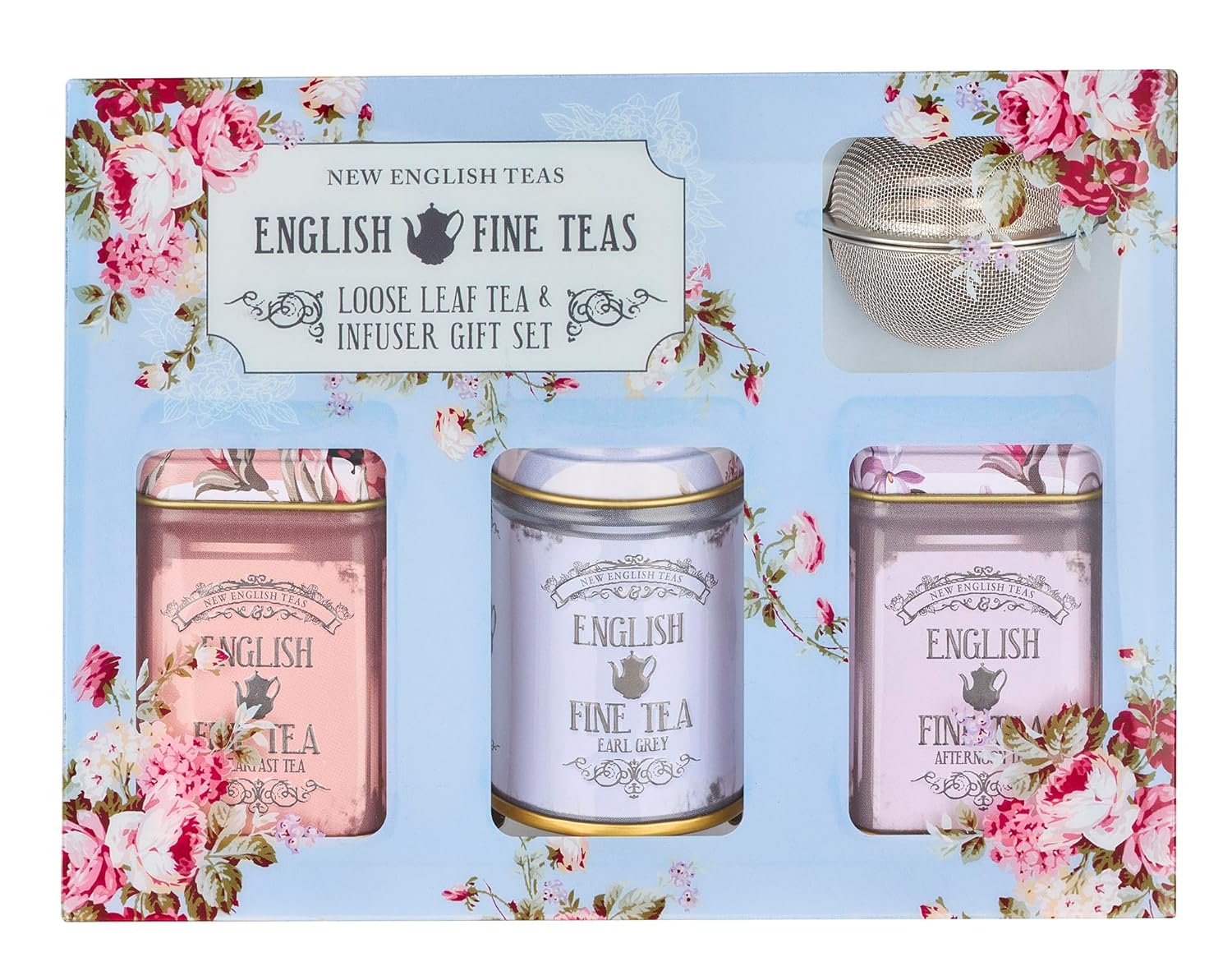 New English Teas Loose Leaf Tea & Infuser Gift Set – 3 Vintage Floral Tins with Breakfast, Earl Grey & Afternoon Blends with Loose Tea Infuser