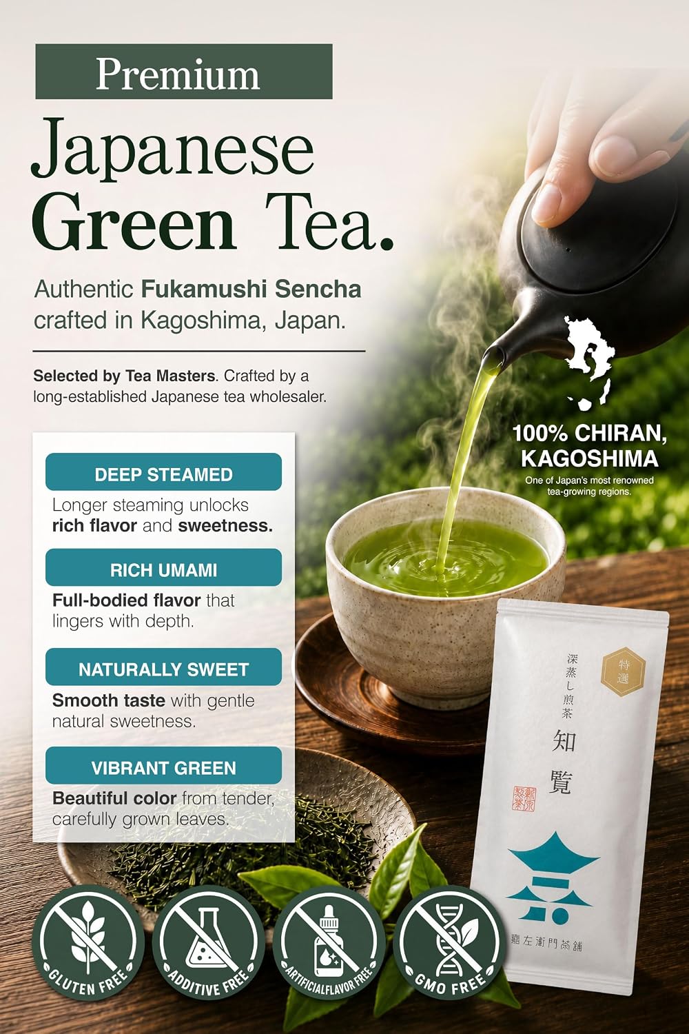 Fukamushi Sencha "Platinum Edition" – Japanese Loose Leaf Green Tea, 100-Year Legacy, First Flush, Deep Steamed, Roasted by Tea Masters, Loose Leaf, from Chiran Kagoshima, 3.5 oz / 100g – KAZAEMON Tea