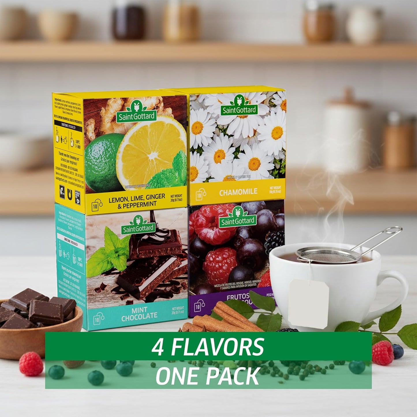 Saint Gottard Mix Essentials Herbal Tea Pack – Variety of 4 Natural Flavored Infusions (Mint Chocolate, Chamomile, Forest Medley, Lemon Lime Ginger & Peppermint) – Caffeine-Free – 40 Tea Bags