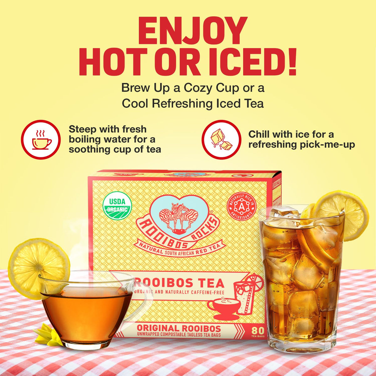 Rooibos Rocks Organic Rooibos Tea Bags - Caffeine-Free, 80 ct | USDA Organic • Microplastic-Free Tagless Pillow Tea Bags • Naturally Mildly Sweet Flavor • Hot or Iced