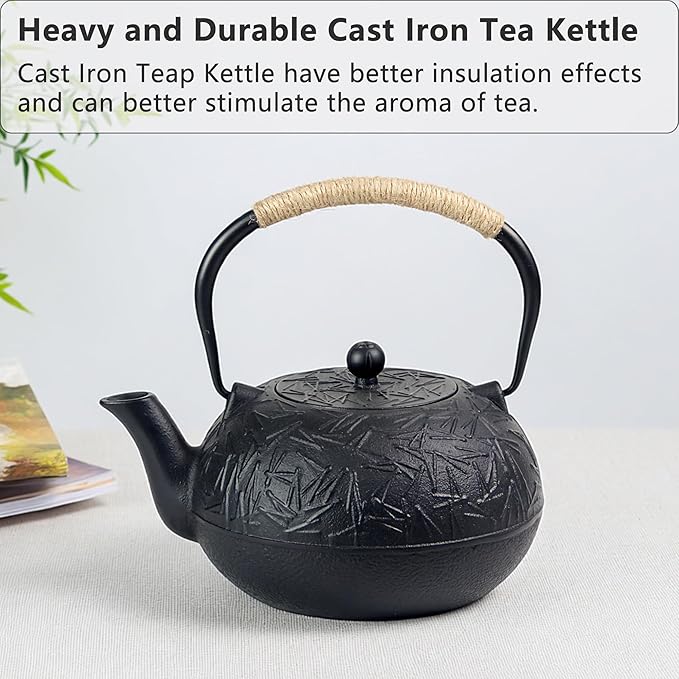 60.9oz YJX Cast Iron Teapot, Japanese Tetsubin Tea Kettle for Stovetop Safe, Cast Iron Tea Pot with Infuser for Loose Leaf, Black Kettle Teapot