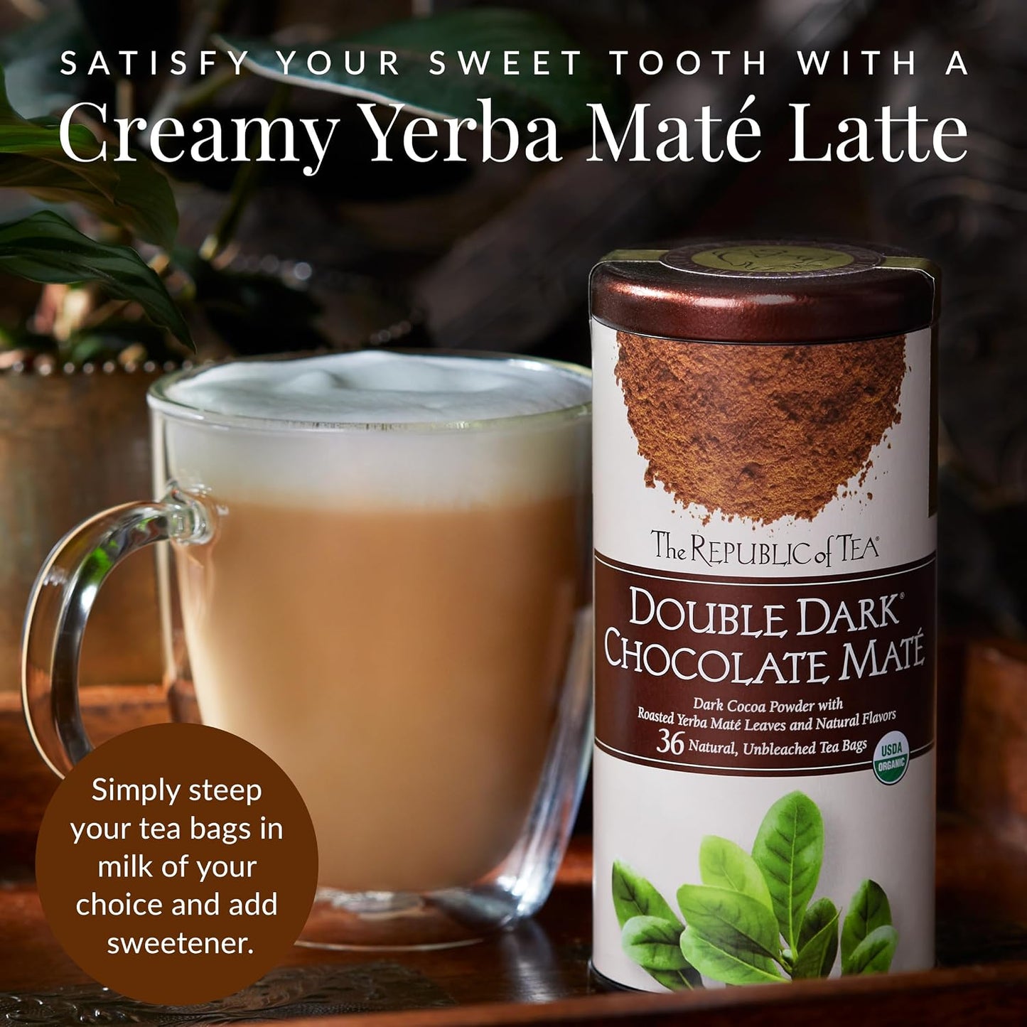 The Republic of Tea Organic Double Dark Chocolate Mate Herbal Tea, 36 Ct | Naturally Caffeinated. Rich notes of cocoa for morning or afternoon sipping. USDA Organic.
