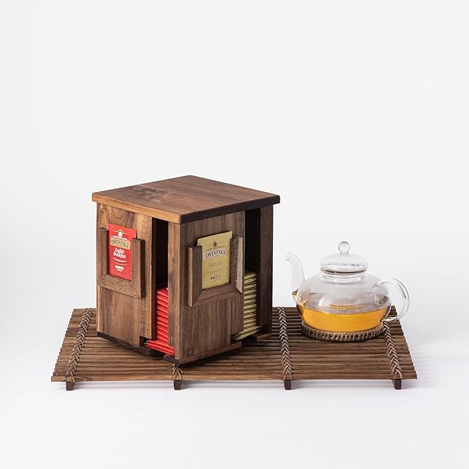 Rotating Tea Bag Organizer – Acacia Wood 4-Sided Storage Box for Home or Office