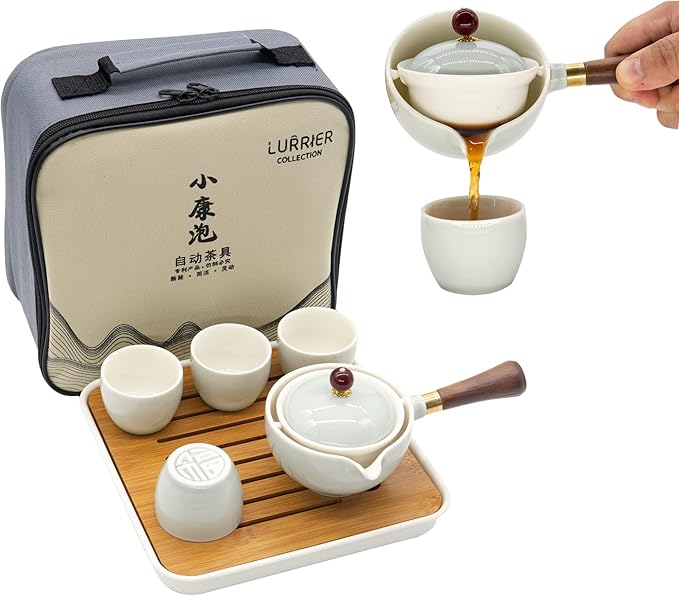 Lurrier Porcelain Chinese Gongfu Tea Set,Portable Teapot Set with 360 Rotation Tea maker and Infuser,Portable All in One Gift Bag for Travel,Home