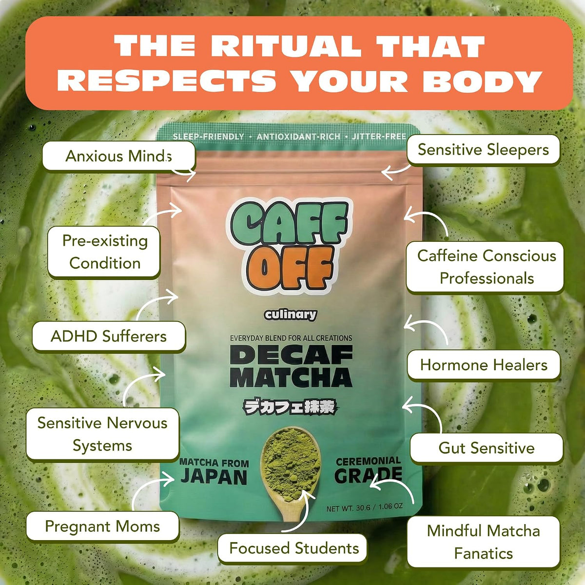 Caff Off Decaf Matcha Green Tea Powder, 15 Servings, Culinary Grade Japanese First Harvest, Naturally Decaffeinated, Heavy Metal Tested, Ideal for Cooking, Baking, Smoothies, 1.06 oz / 30 g