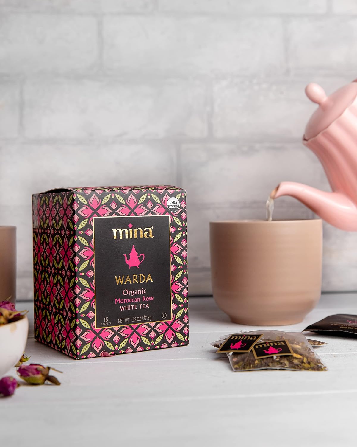 Mina Warda Organic Moroccan Rose White Tea, 15 Biodegradable Sachets - Rose Tea Bags, White Tea with Moroccan Rose Petals, Organic White Tea Bags, Low Caffeine Tea