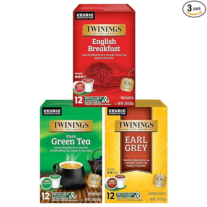 Twinings 36 K-Cup Pods Variety Pack, Includes English Breakfast, Earl Grey, and Green for Keurig and Single Cup Brewers, 12 Count (Pack of 3), Caffeinated, Enjoy Hot or Iced