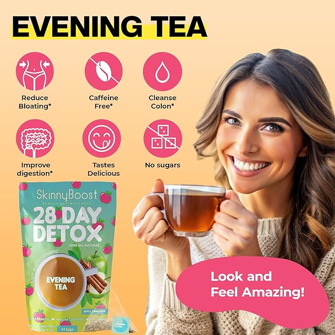 Skinny Boost Evening Detox Tea-APPLE Cinnamon -14 Tea Bags Total, Supports Detox and Cleanse, Reduce Bloating, 100% All Natural, Vegan, Non GMO