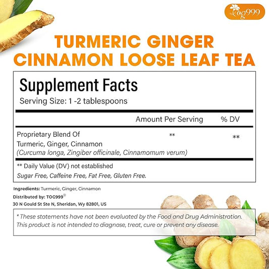 TOG999, Premium 6oz/100 cups Ginger Turmeric Cinnamon Loose Leaf Herbal Tea. Improve Digestion, Support Brain, Weight, Skin and Sleep. Premium Quality Spiced Blend. No Sugar, No Caffeine, No Gluten, Vegan.