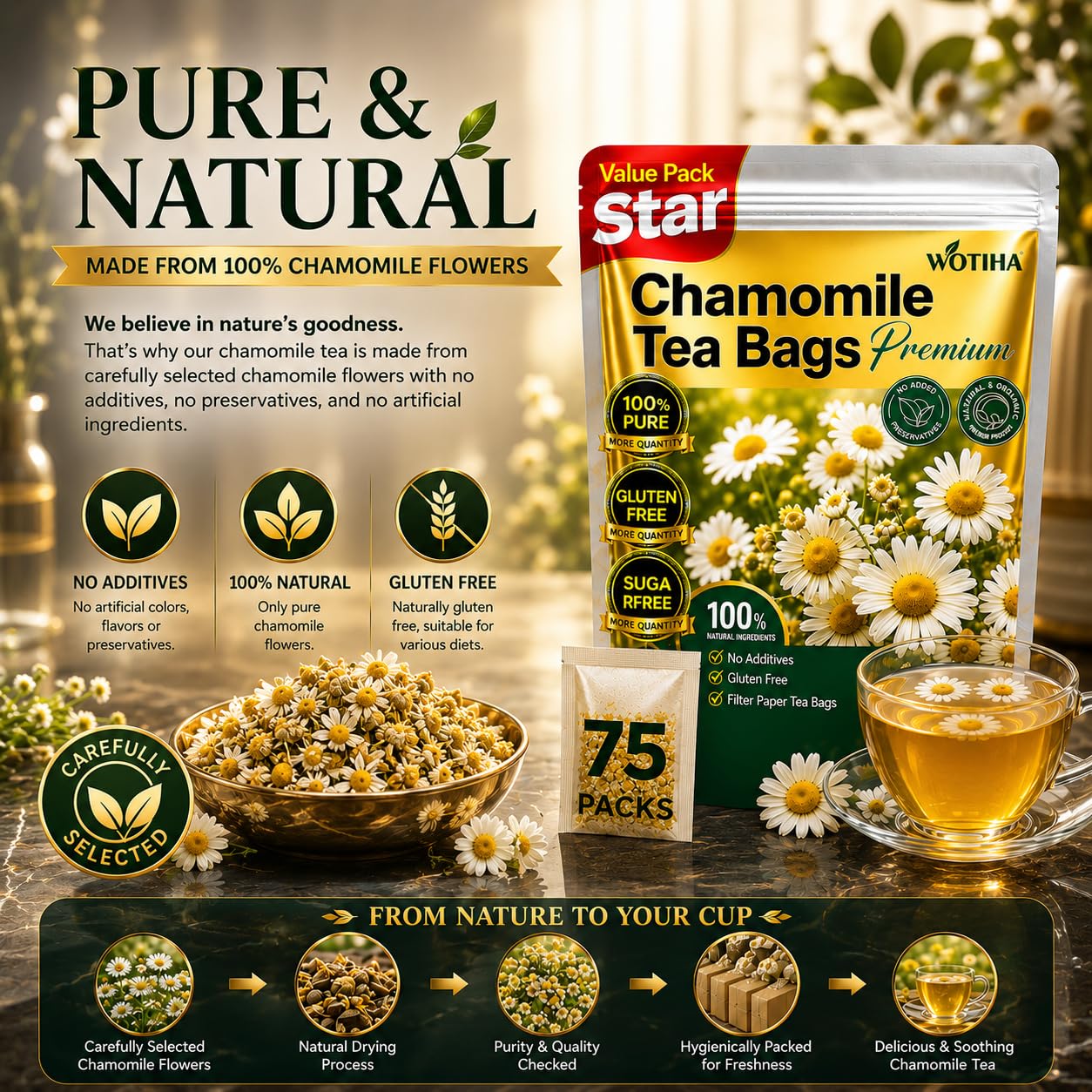 WOTIHA Chamomile Tea Bags, Pure Chamomile Flowers, Caffeine-Free, 75 Count | Chamomile flower herbal tea for evening and bedtime routines; caffeine-free, sugar-free, additive-free, vegan and Non-GMO.