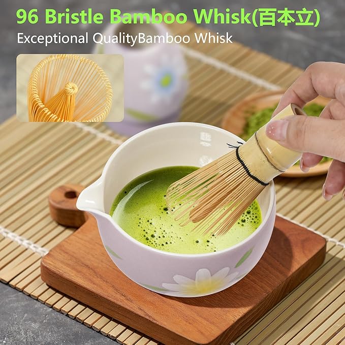 7 Piece Matcha Whisk Set - Ceramic Matcha Bowl with Spout, Bamboo Whisk, Scoop, Sifter, Holder & Towel - Japanese Matcha Making Kit for Home, Gifts for matcha Lovers