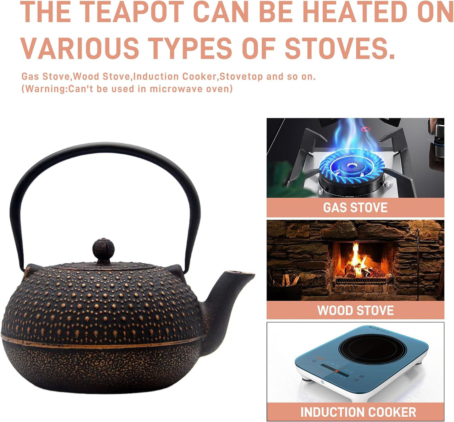YJX Large Cast Iron Teapot for Stovetop, 1.8L Tea Kettle, Tea Pot for Stove